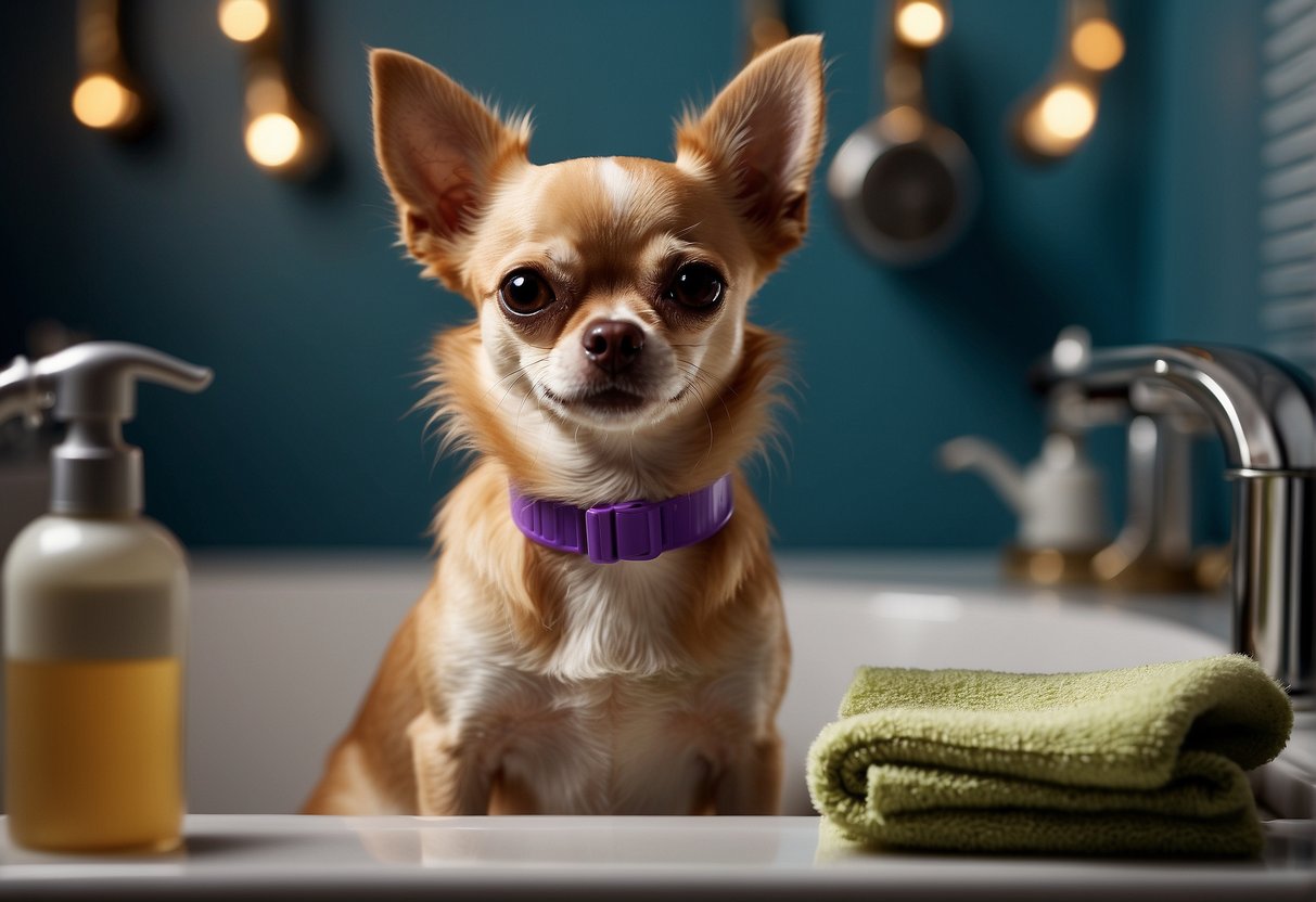 A Chihuahua being groomed with a brush and comb, sitting patiently on a table with a towel underneath. A bottle of dog shampoo and a small bathtub can be seen in the background