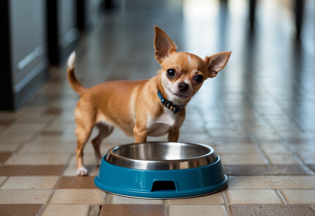 A chihuahua standing on a clean, tiled floor with a potty pad nearby. A small, empty food bowl and water dish sit nearby