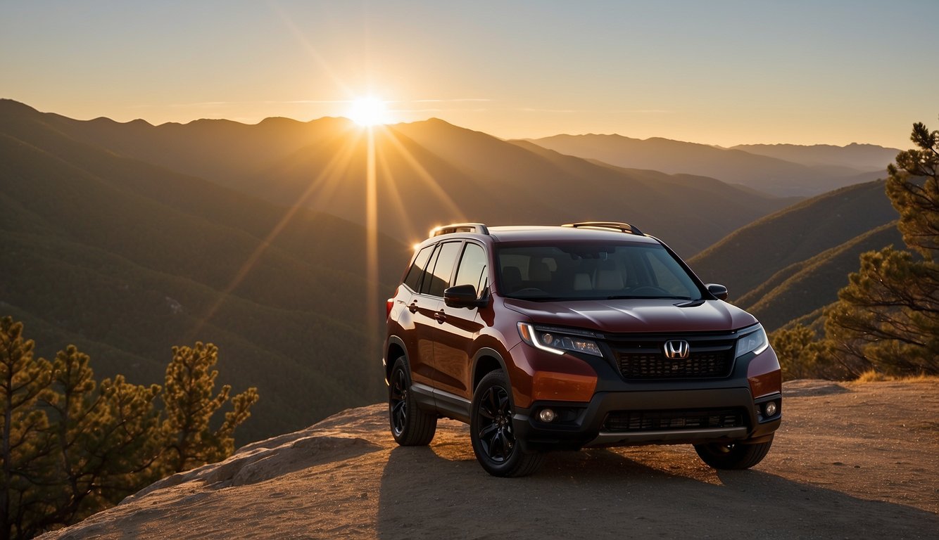 A Honda Passport parked on a scenic mountain overlook, with the sun setting in the background casting a warm glow over the rugged terrain