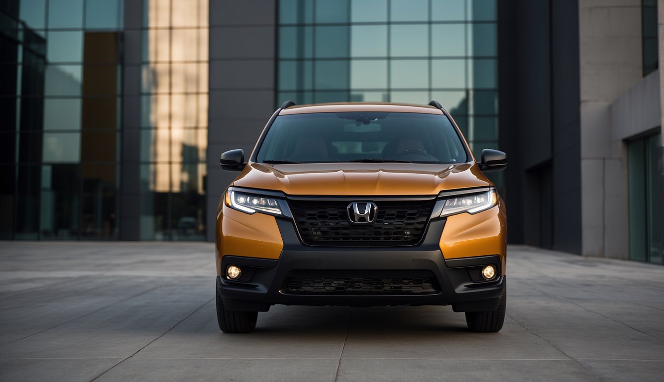 A sleek Honda Passport parked in front of a modern building, with its bold exterior features and stylish design on full display