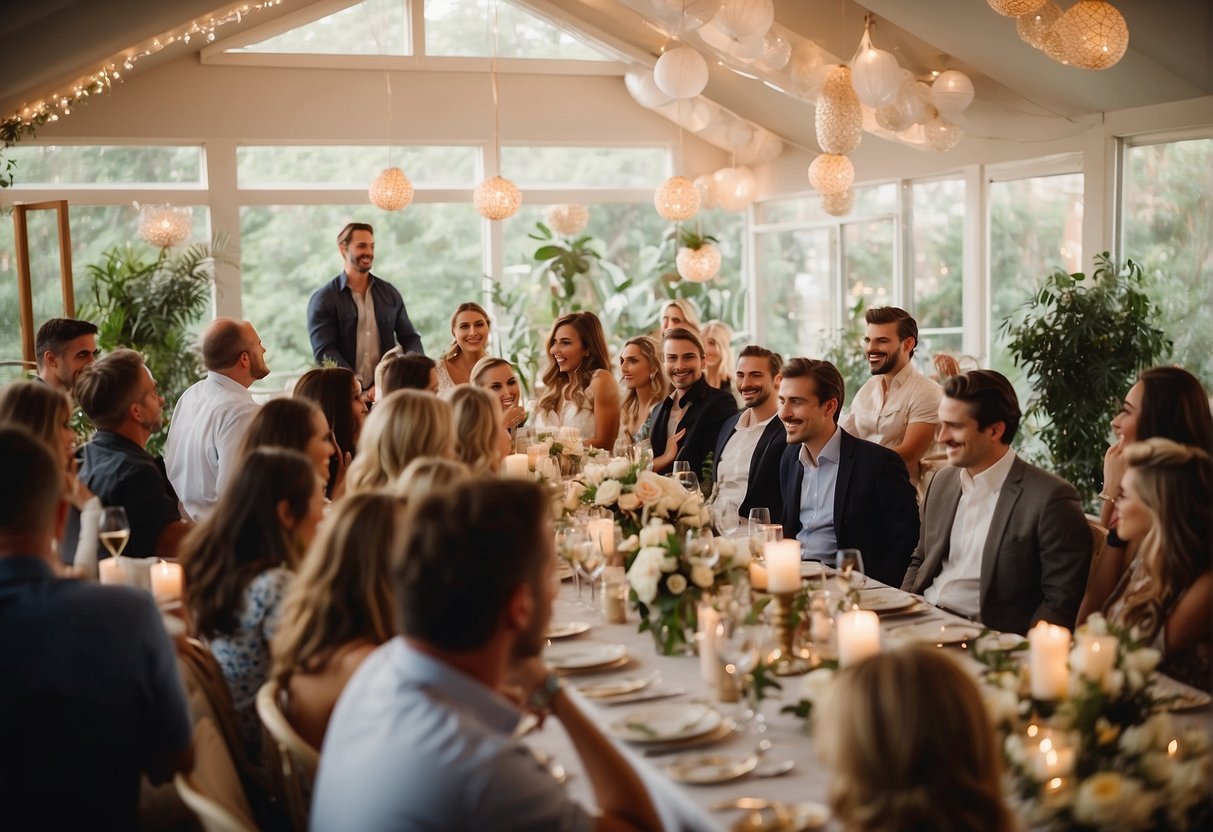 Guests gather for an engagement party with organized seating and decorations, contrasting with a more casual and intimate setting for a bridal shower