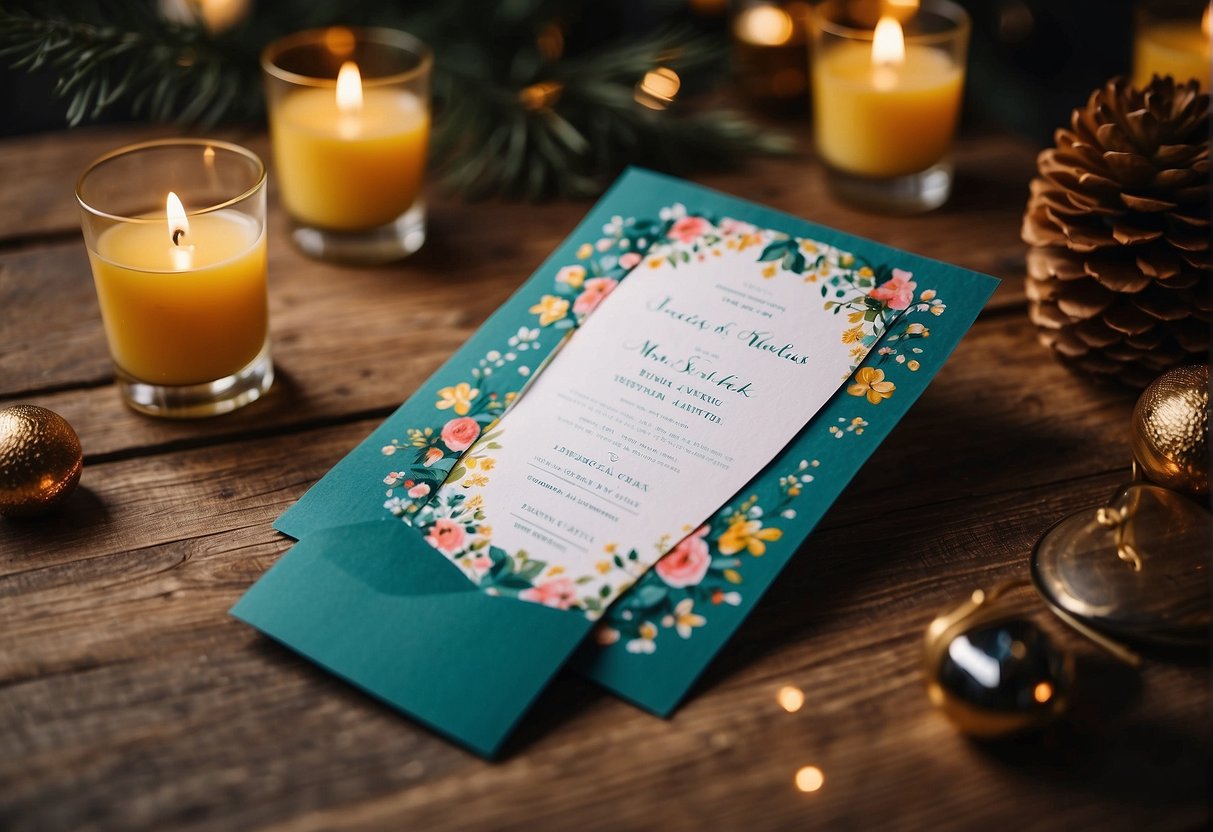Colorful invitations scattered on a table, guests mingling and chatting in the background. A festive atmosphere with decorations and drinks