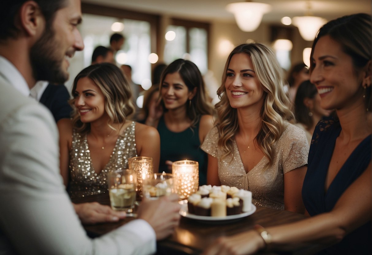 Guests mingle at an engagement party, while at a bridal shower, friends play games and open gifts