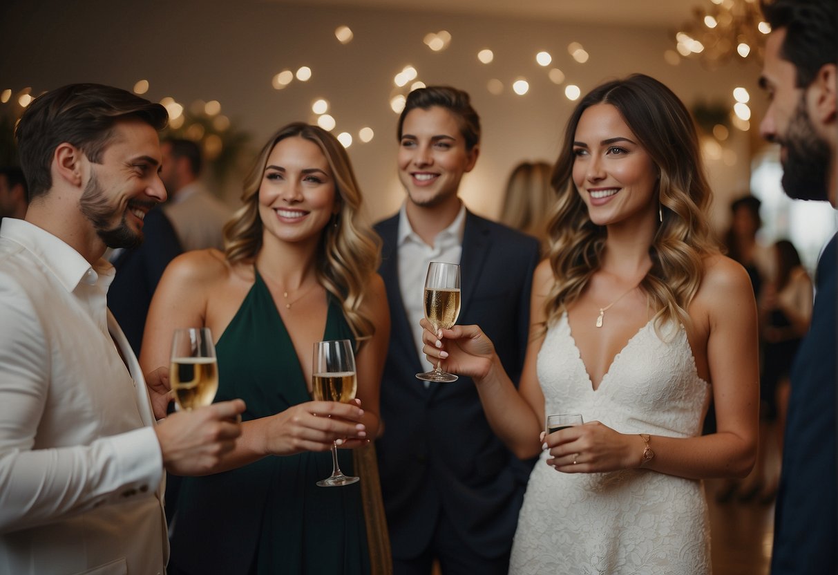 Guests mingle at an elegant engagement party, sipping champagne and admiring the bride-to-be's ring. Meanwhile, at the bridal shower, friends play games and open gifts in a cozy, decorated space