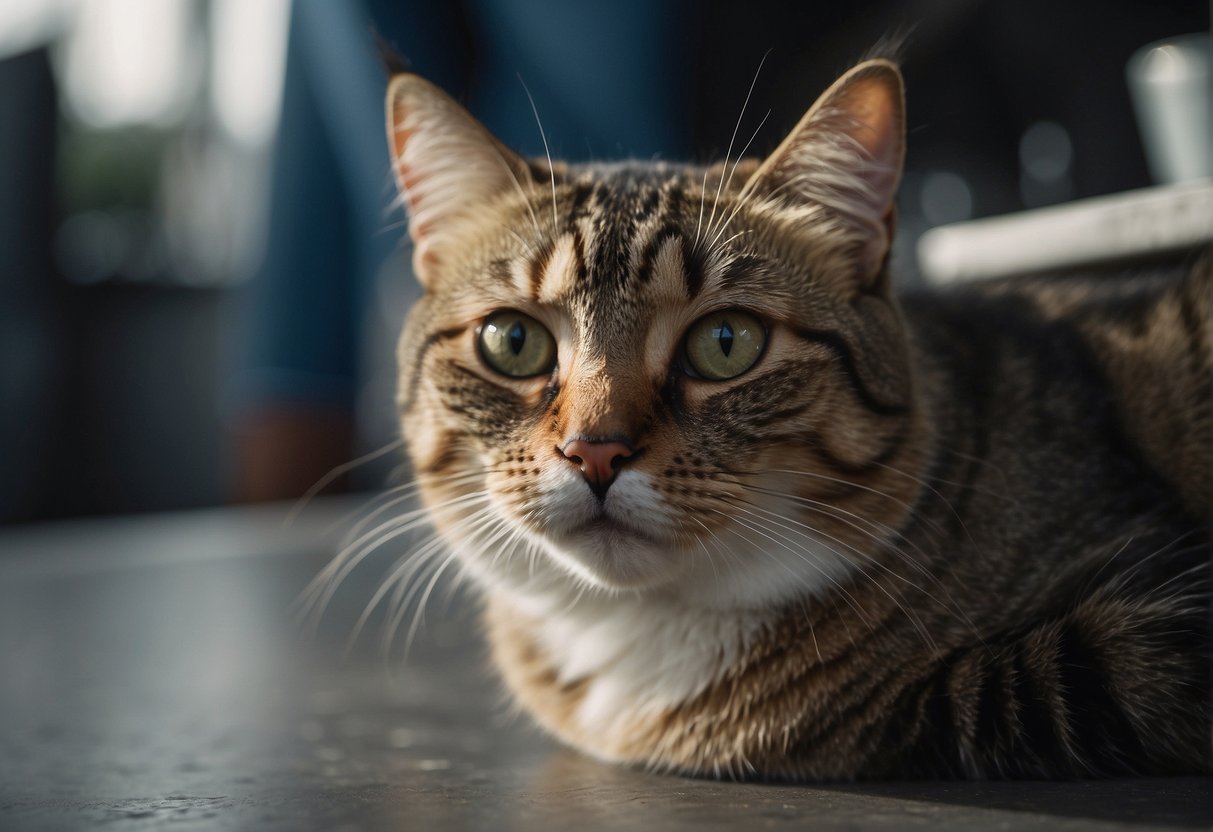 A cat with a broken tooth, looking uncomfortable, with a concerned owner nearby