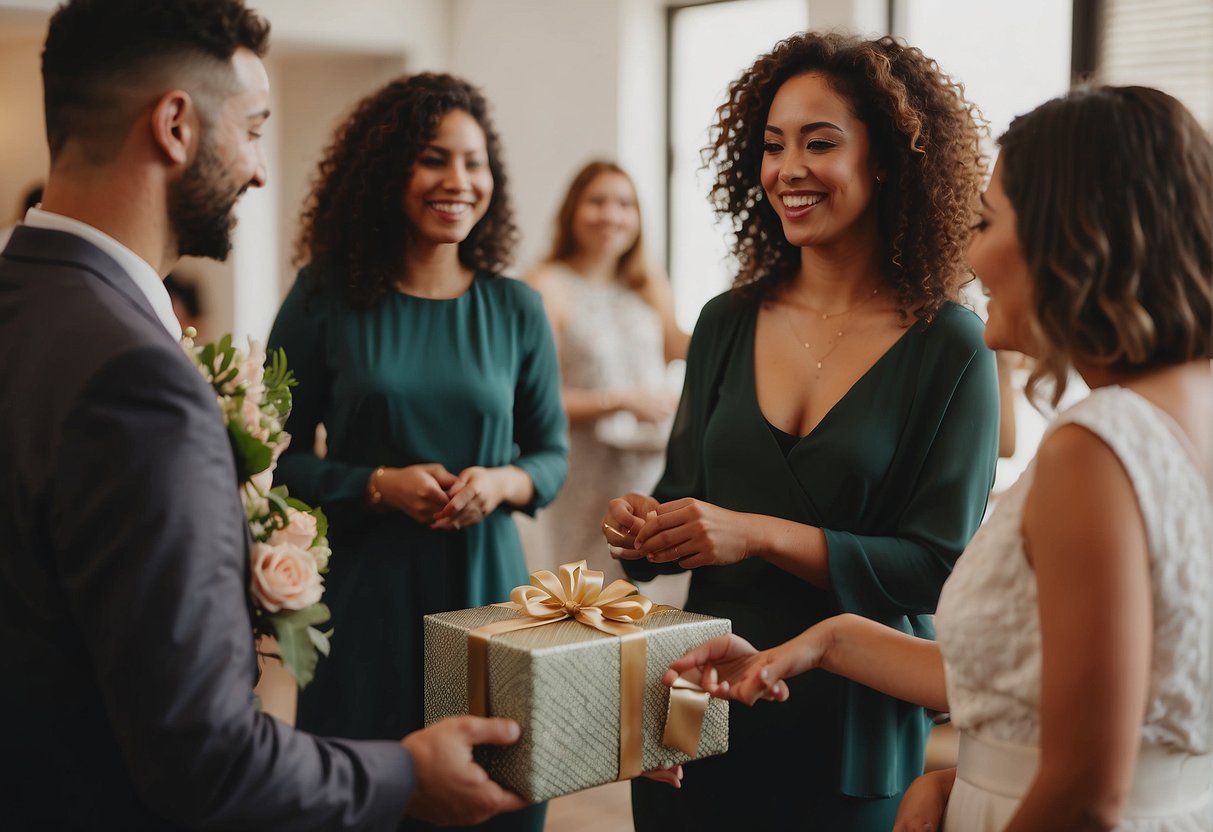 Guests exchanging gifts at an engagement party with a focus on the couple, while at a bridal shower, gifts are presented to the bride in a more intimate setting
