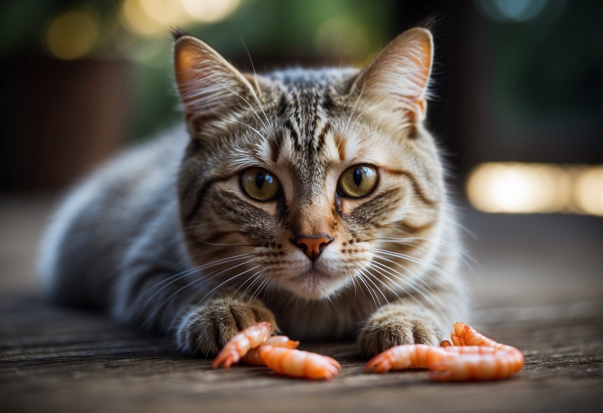 A cat eagerly sniffs freeze-dried shrimp, its tail twitching with curiosity