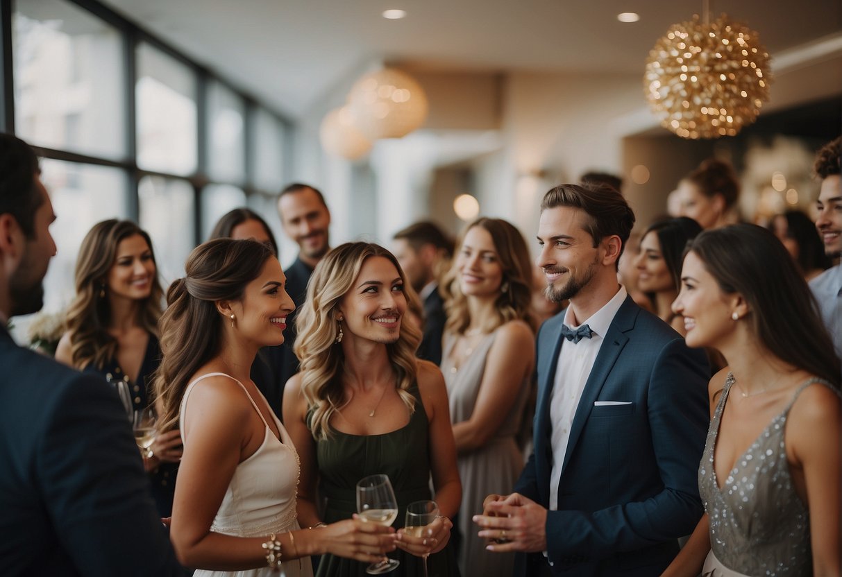 A group of people mingling at a stylish engagement party, while another group gathers for a more intimate and elegant bridal shower