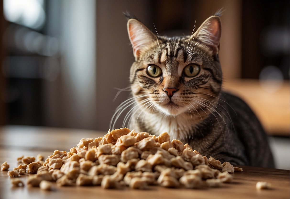 A cat eagerly sniffs at a pile of freeze-dried chicken, its tail twitching with excitement
