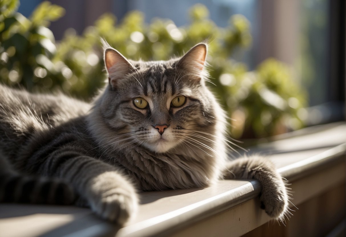 A gray-furred cat lounges on a sunlit windowsill, its wise eyes gazing out at the world. Its fur shows signs of age, with patches of white and a slightly arched back
