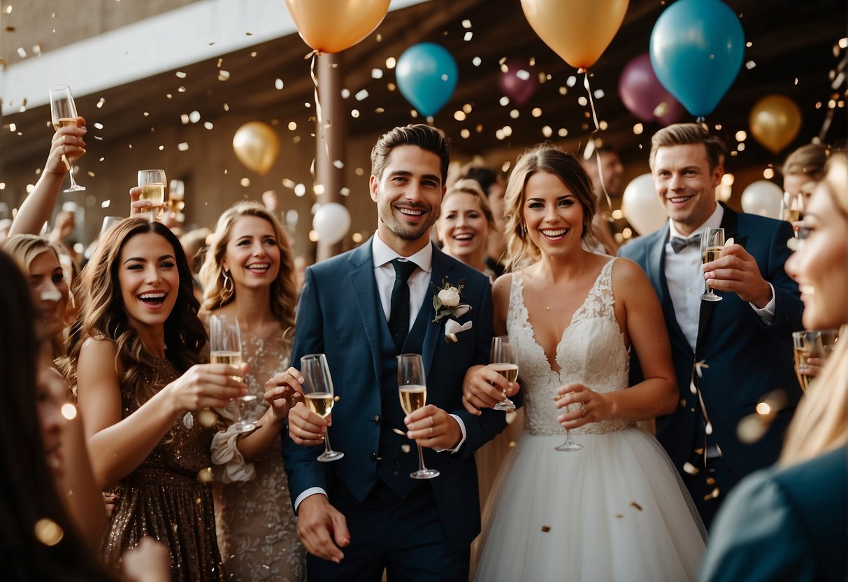 Guests celebrating with champagne, balloons, and confetti at an elegant venue. Gifts and decorations for the bride on display