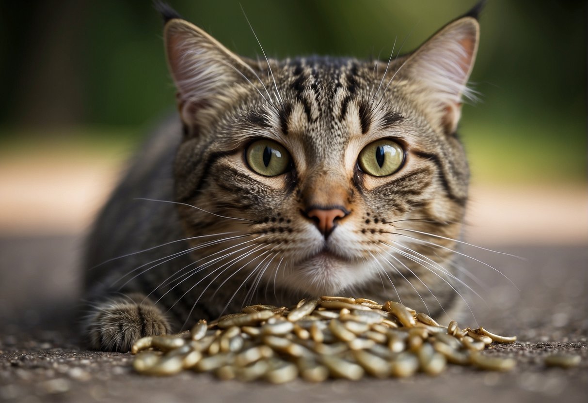A cat eagerly munches on freeze-dried minnows, its whiskers twitching with delight