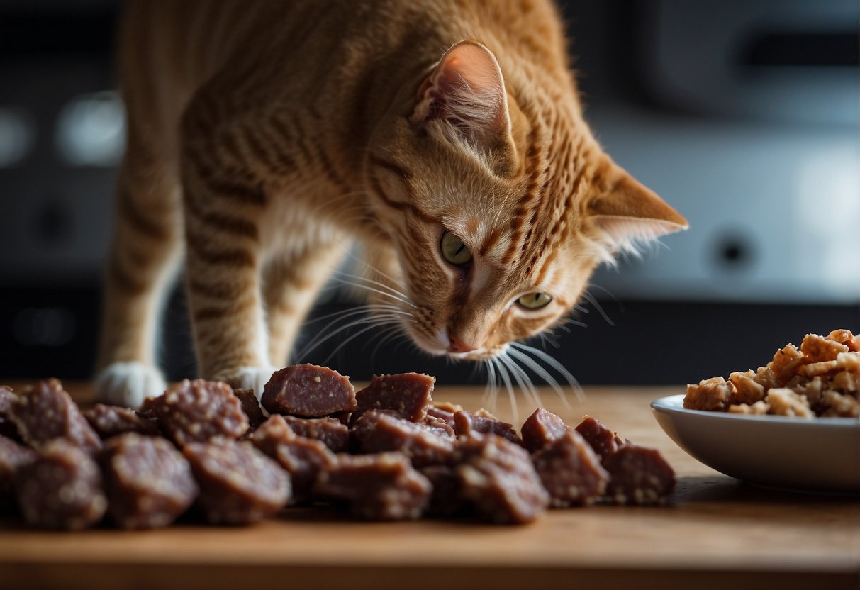 A cat eagerly sniffs a pile of freeze-dried beef liver, its tail swishing in anticipation