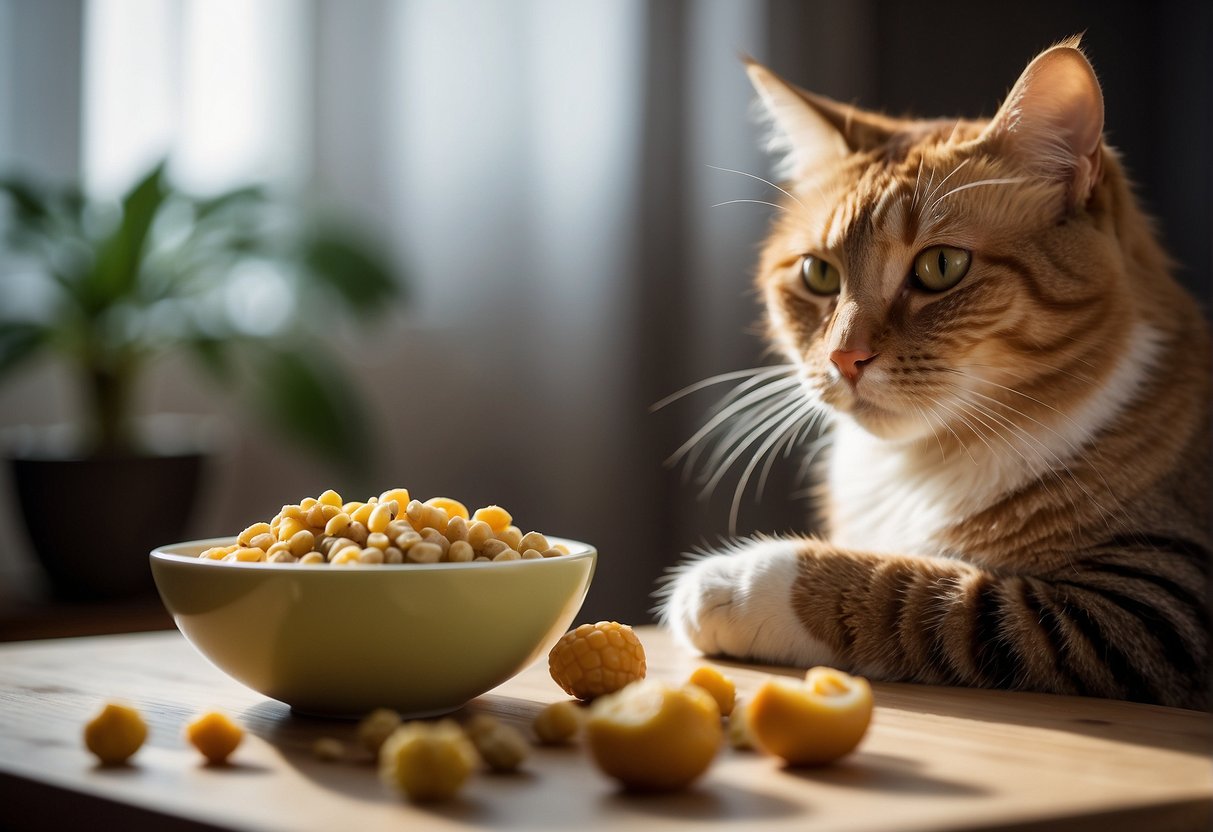 A cat sniffs at a bowl of freeze-dried fruit, its whiskers twitching with curiosity