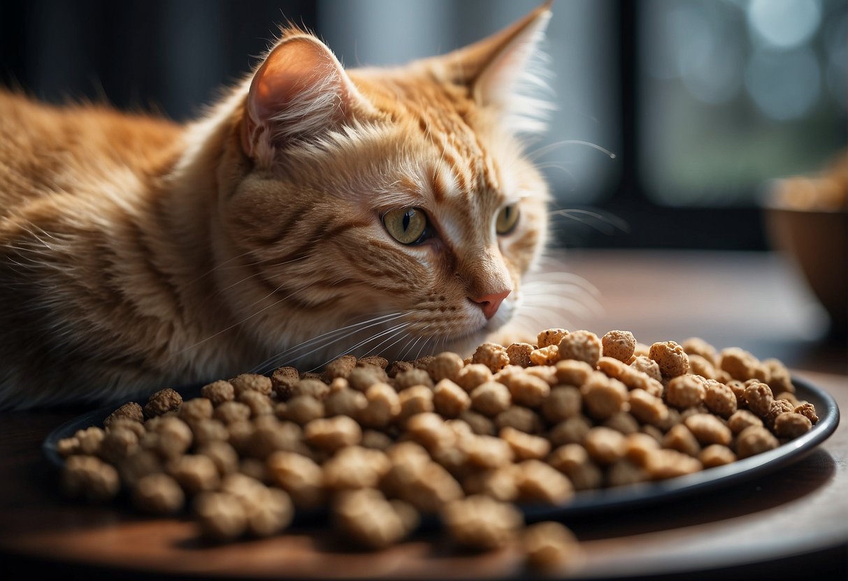 A cat eagerly munches on freeze-dried dog food