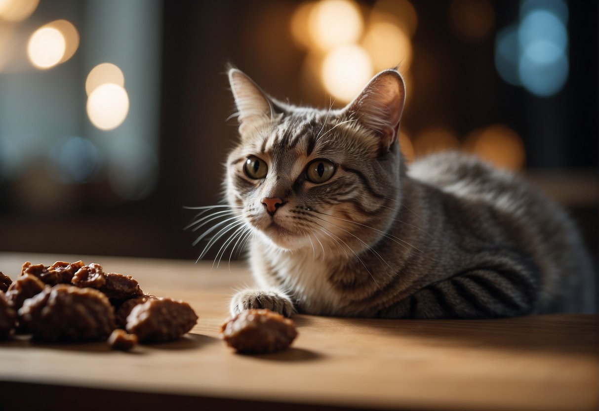 A cat eagerly eats freeze-dried beef liver. Its tail sways as it savors the tasty treat