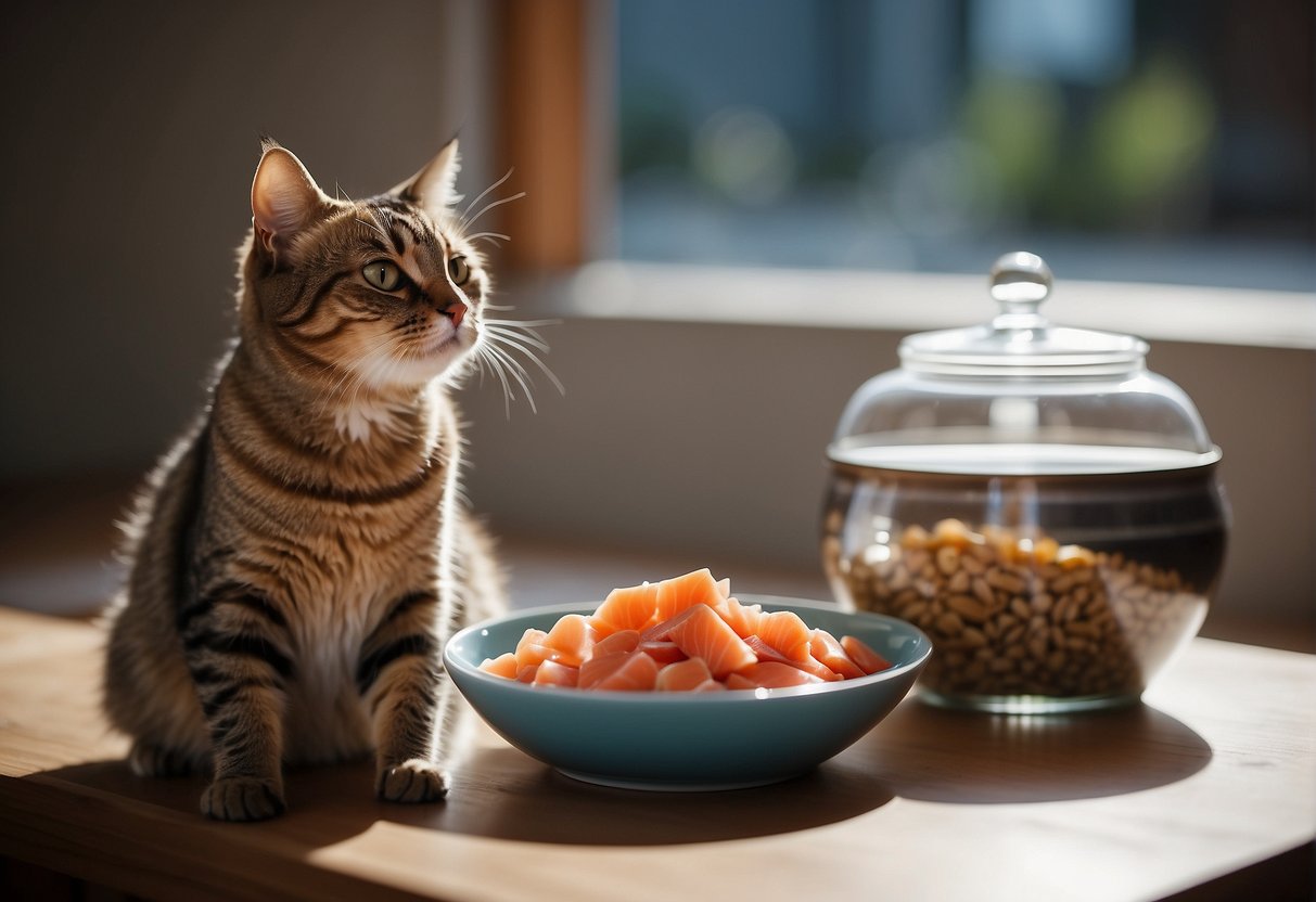 A cat sits in front of a bowl of freeze-dried salmon, sniffing and inspecting it with curiosity. The cat's body language expresses interest and potential hunger
