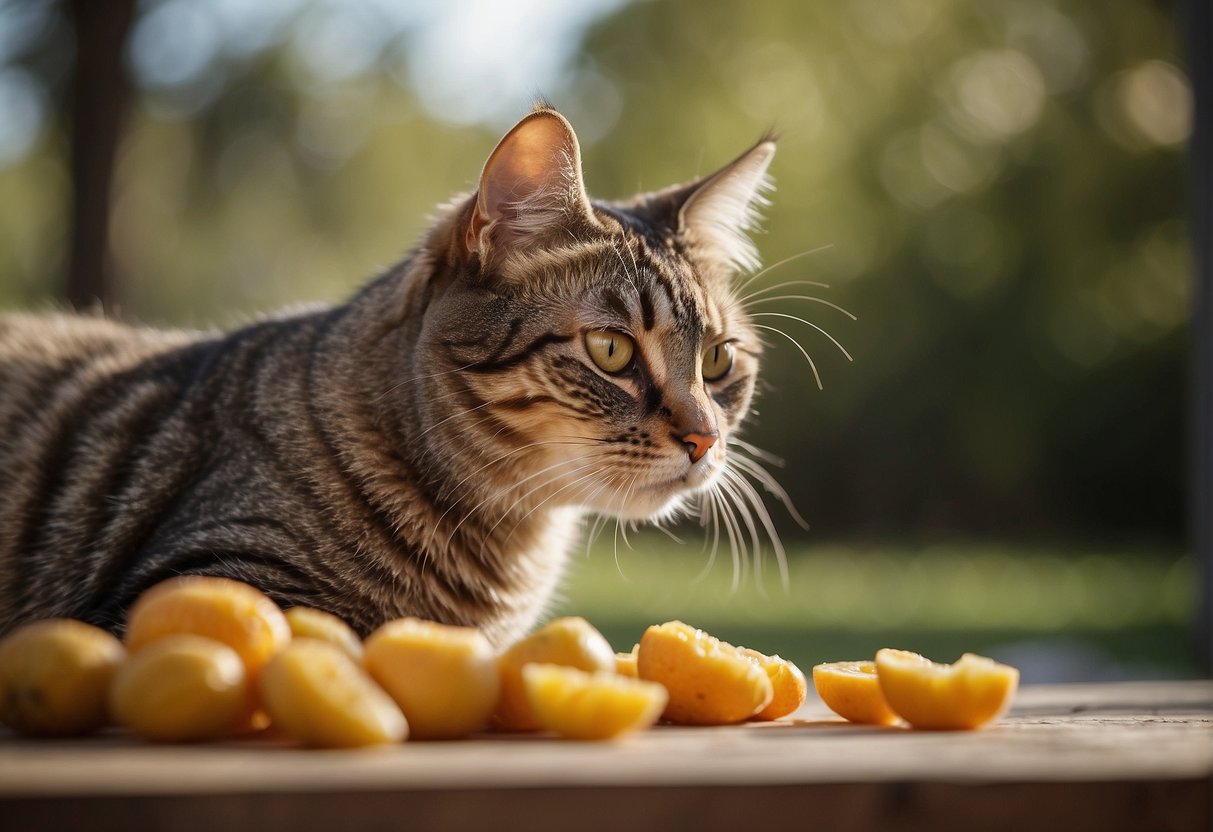 A cat eagerly snacking on freeze-dried fruit, with a healthy and shiny coat, and a content expression