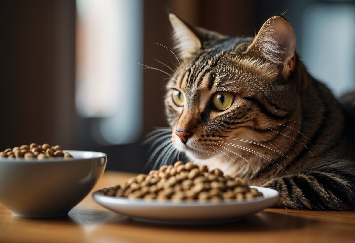 A cat eagerly sniffs freeze-dried dog food, while a bowl of balanced cat food sits nearby