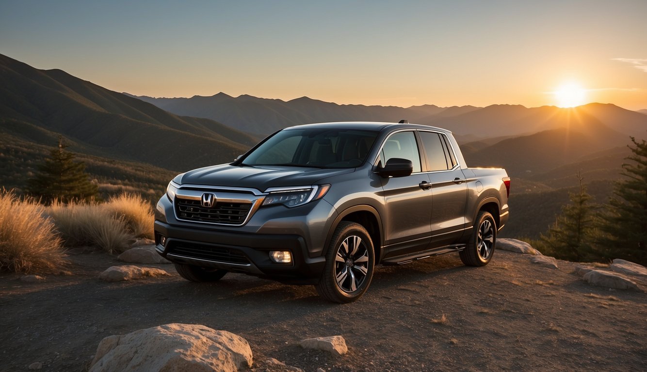 A Honda Ridgeline parked on a scenic mountain overlook, with the sun setting in the background, casting a warm glow over the rugged terrain