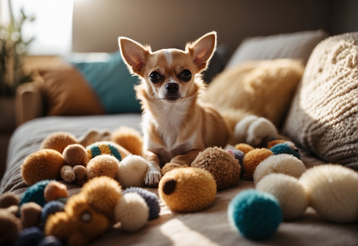 A chihuahua being held and fed by its owner, surrounded by toys and a cozy bed in a bright, sunny room