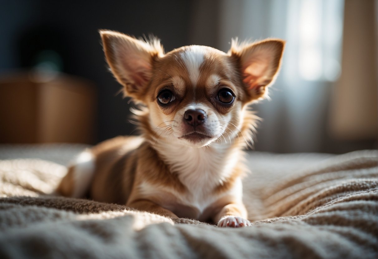 A Chihuahua puppy playing in a spacious, well-lit room with a comfortable bed, toys, and food and water bowls