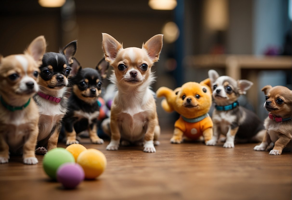 A chihuahua puppy sits attentively in a training class, surrounded by toys and treats. A trainer gestures, while other dogs play and learn