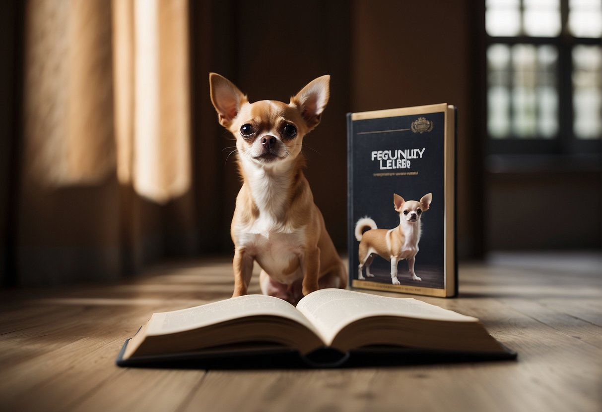 A chihuahua standing on its hind legs, looking up at a person with a curious expression. An open book with the title "Frequently Asked Questions comment élever un chihuahua" is lying on the floor next to the dog