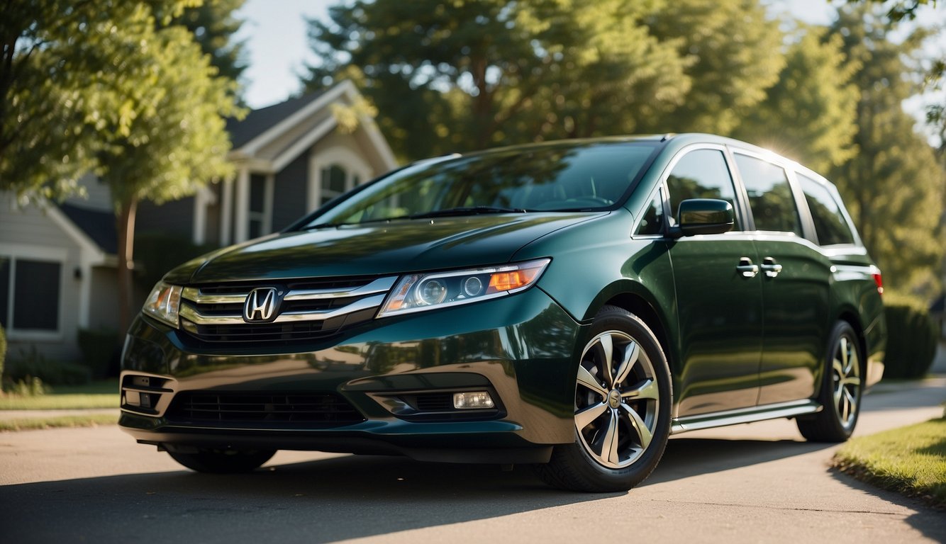 A Honda Odyssey parked in a suburban driveway, surrounded by green trees and a clear blue sky