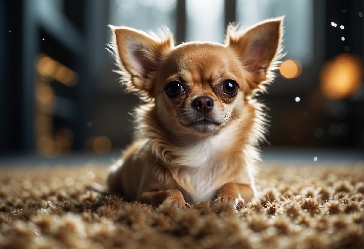 A chihuahua shedding its fur in small clumps, surrounded by tiny tufts of hair on the floor