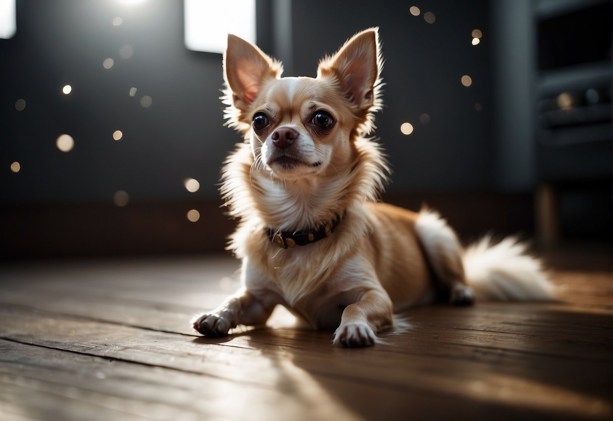 A Chihuahua shedding its fur, small tufts of hair scattered around its body, creating a fluffy mess on the floor
