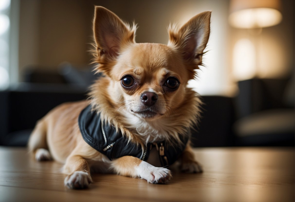 A chihuahua shedding fur, with a concerned owner researching health and prevention methods