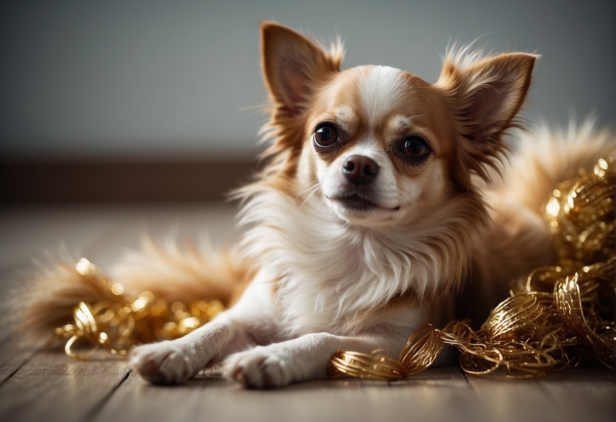 A chihuahua shedding fur, surrounded by loose hair on the floor