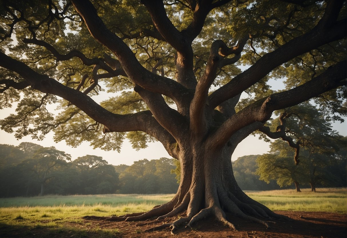 A strong oak tree stands tall, with roots firmly planted in the earth. The tree's branches reach out confidently, symbolizing strength and resilience