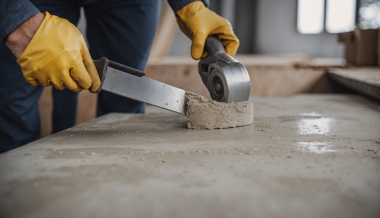 Concrete being prepped with tools and materials for staining or painting