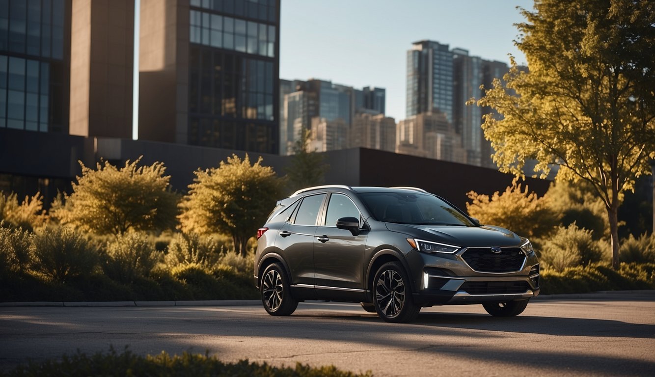 A sleek, modern compact crossover surrounded by urban architecture and nature, showcasing its dynamic design and versatility