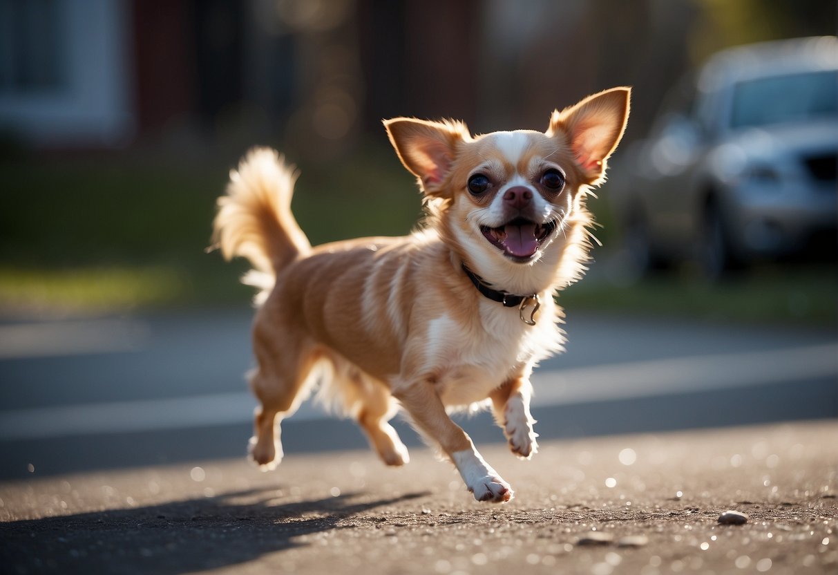 A chihuahua shakes in a cold breeze, its tiny body quivering with fear or excitement