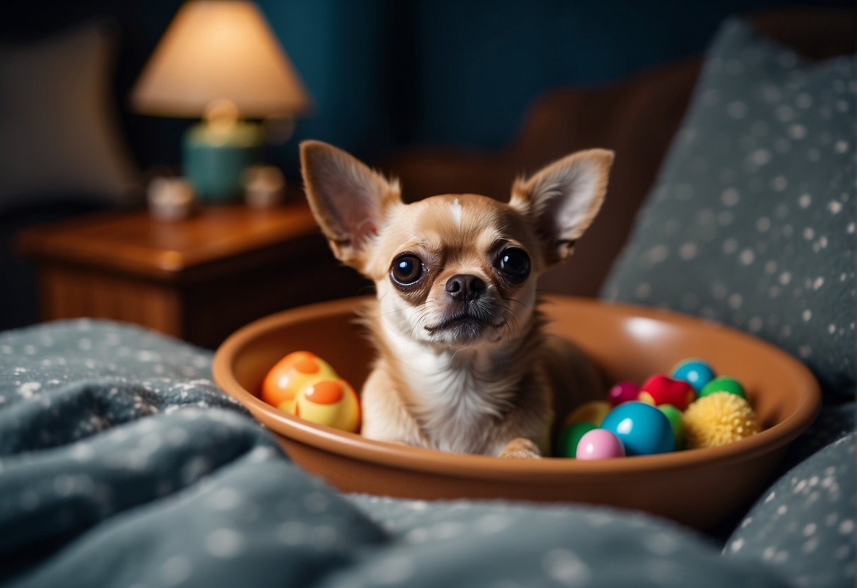 A chihuahua trembling in a cozy bed, surrounded by toys and a bowl of water. A thunderstorm rages outside, causing the small dog to shiver in fear