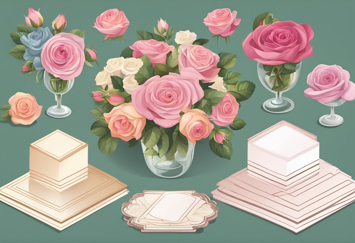 A table with various rose designs displayed on wedding invitation cards
