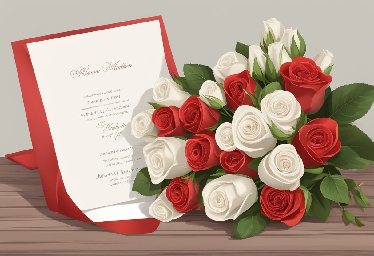 A bouquet of red and white roses, tied with a satin ribbon, placed on a table with a blank wedding invitation next to it