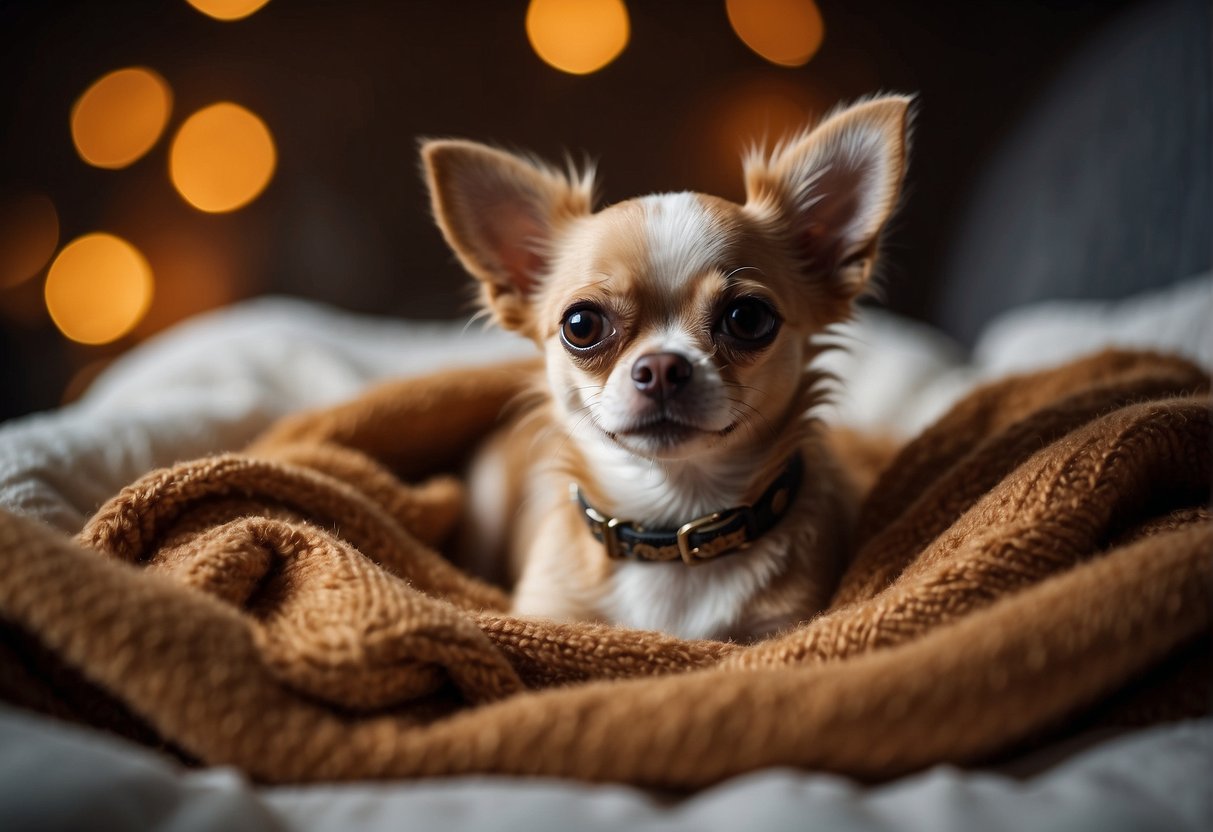 A small chihuahua trembles in a cozy bed, surrounded by a warm blanket and comforting toys. Its eyes are wide with fear, and its body quivers with anxiety