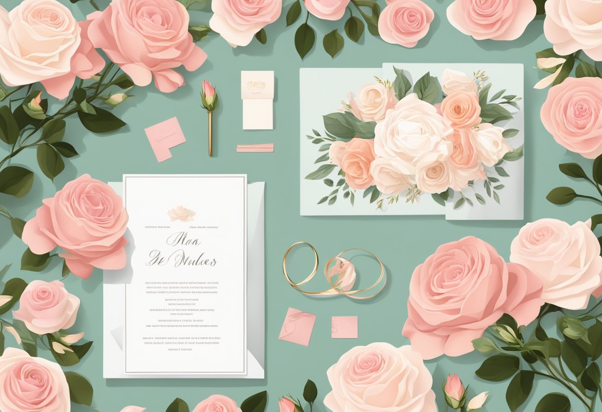 A bouquet of roses laid out next to wedding invitations and stationery components
