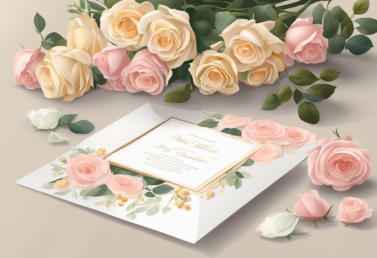 A bouquet of delicate roses arranged on a table with elegant wedding invitations