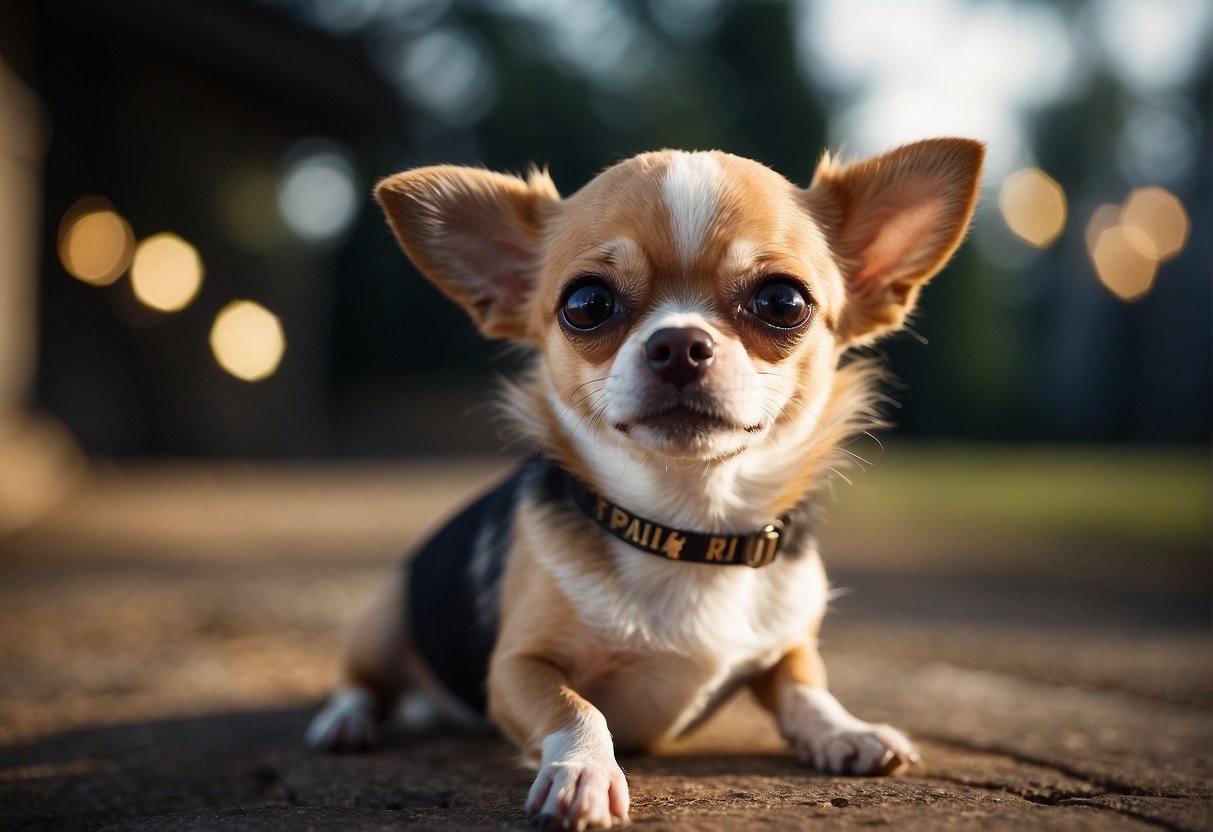 A small chihuahua trembling with a curious expression, surrounded by question marks and the words "Frequently Asked Questions pourquoi le chihuahua tremble" in bold lettering