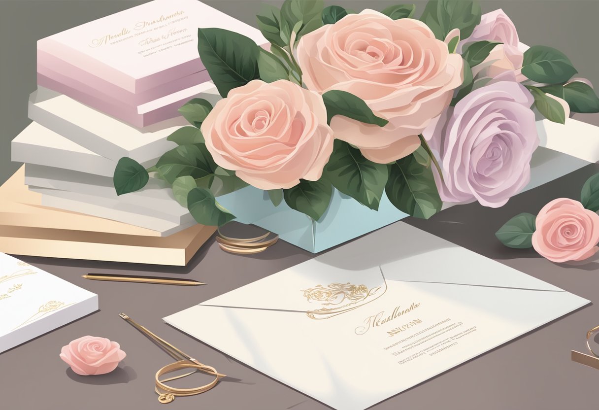 A bouquet of roses placed next to a stack of elegant wedding invitations and various stationery items