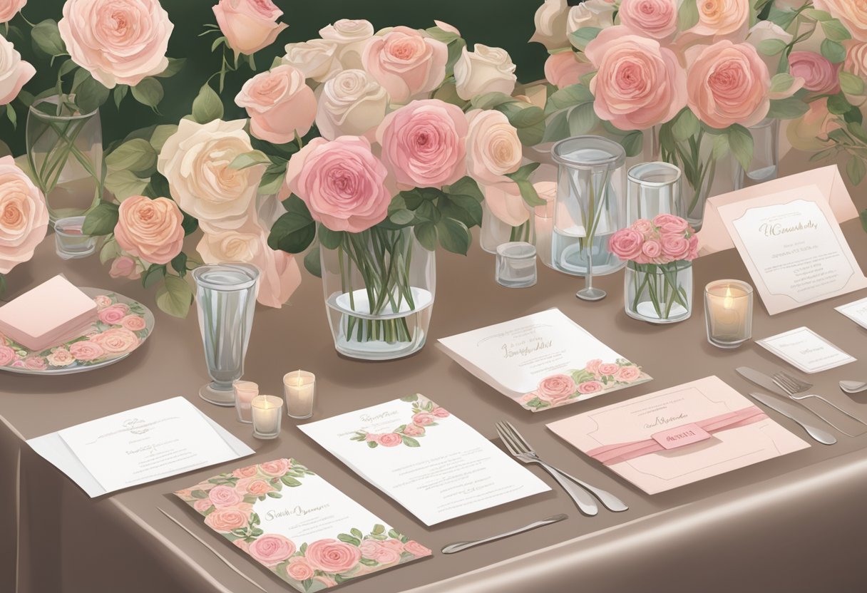 A table adorned with a variety of roses, surrounded by wedding invitations and registry cards