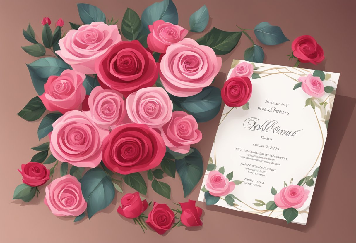 A bouquet of vibrant red and pink roses arranged on a table with elegant wedding invitations placed beside them