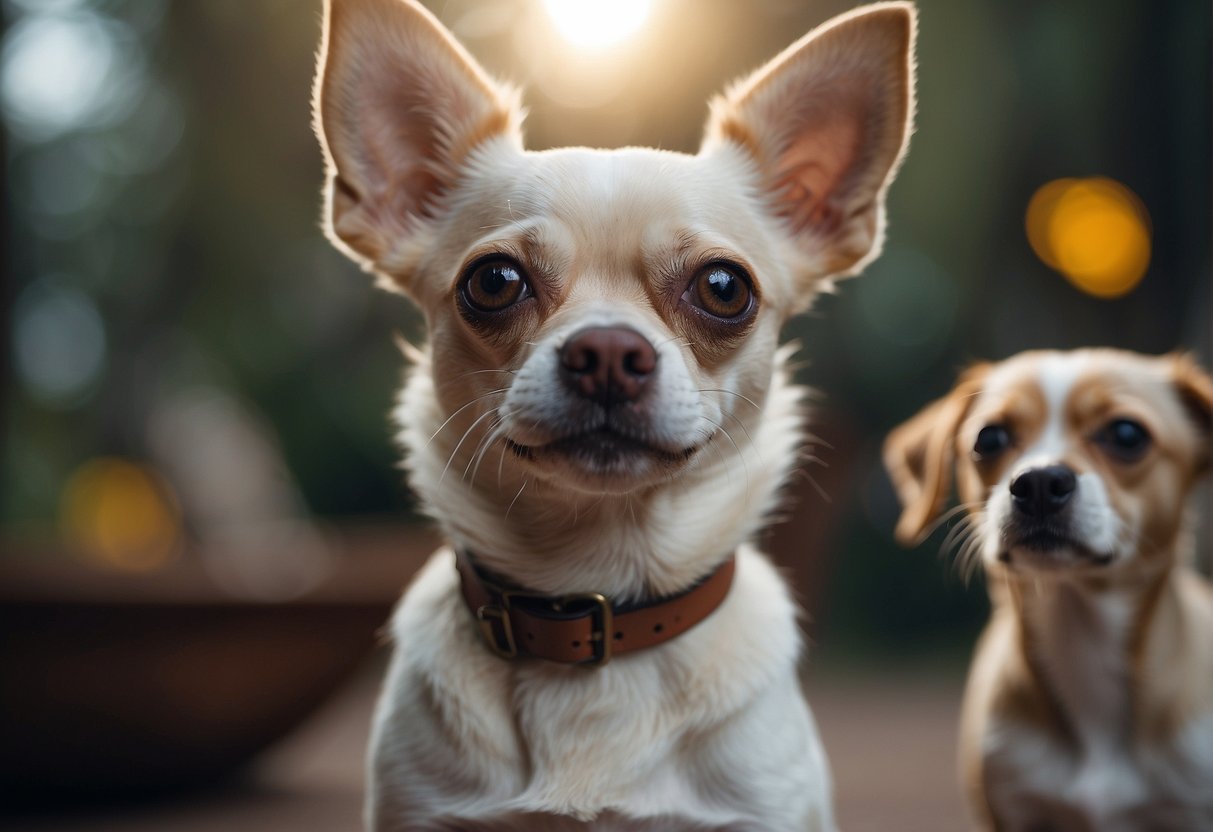 A chihuahua with drooping ears looks up at a puzzled owner, as other dogs with perky ears play nearby