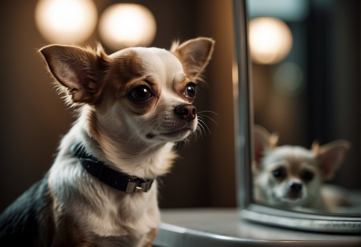 A chihuahua with droopy ears sits next to a mirror, looking at its reflection with a puzzled expression