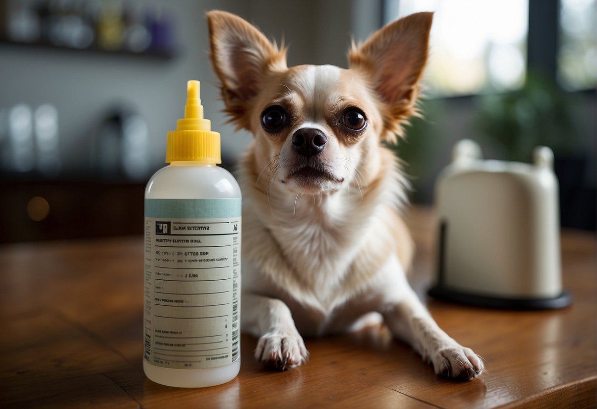 A chihuahua's ears droop as it looks up, puzzled. A vet holds up a chart of ear care tips. A bottle of ear cleaner sits on the table
